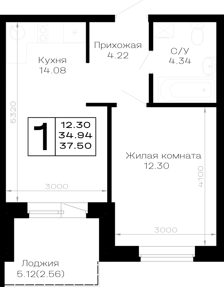 1-комнатная квартира 37,5 м²