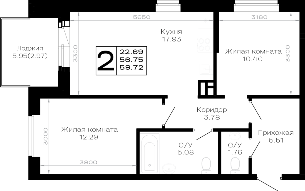 2-комнатная квартира 59,72 м²